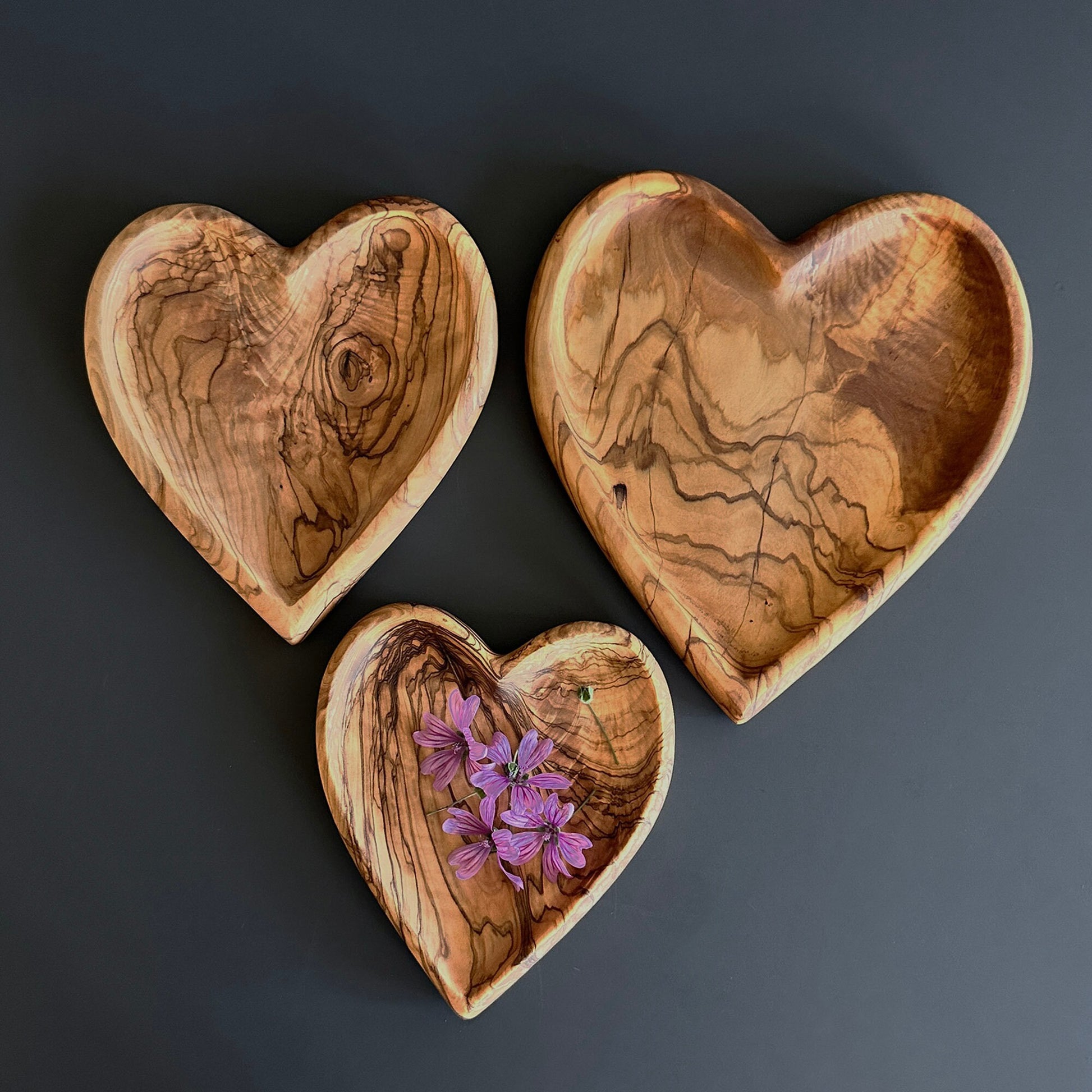 Personalized Olive Wood Heart-Shaped Plate Set of 3 - Rustic Decorative Serving Platters | Various Sizes Available