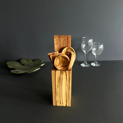 Handcrafted Olive Wood Kitchen Utensil Set, 6-Piece with Holder