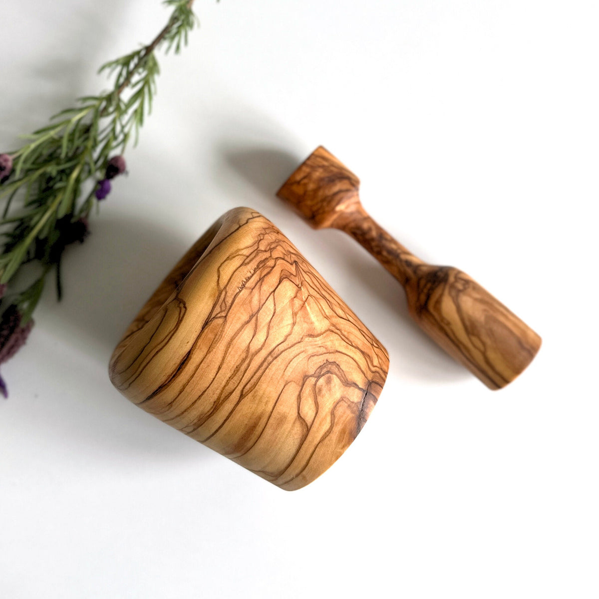 Rustic Olive Wood Mortar and Pestle, Carved Wooden Spice Grinder