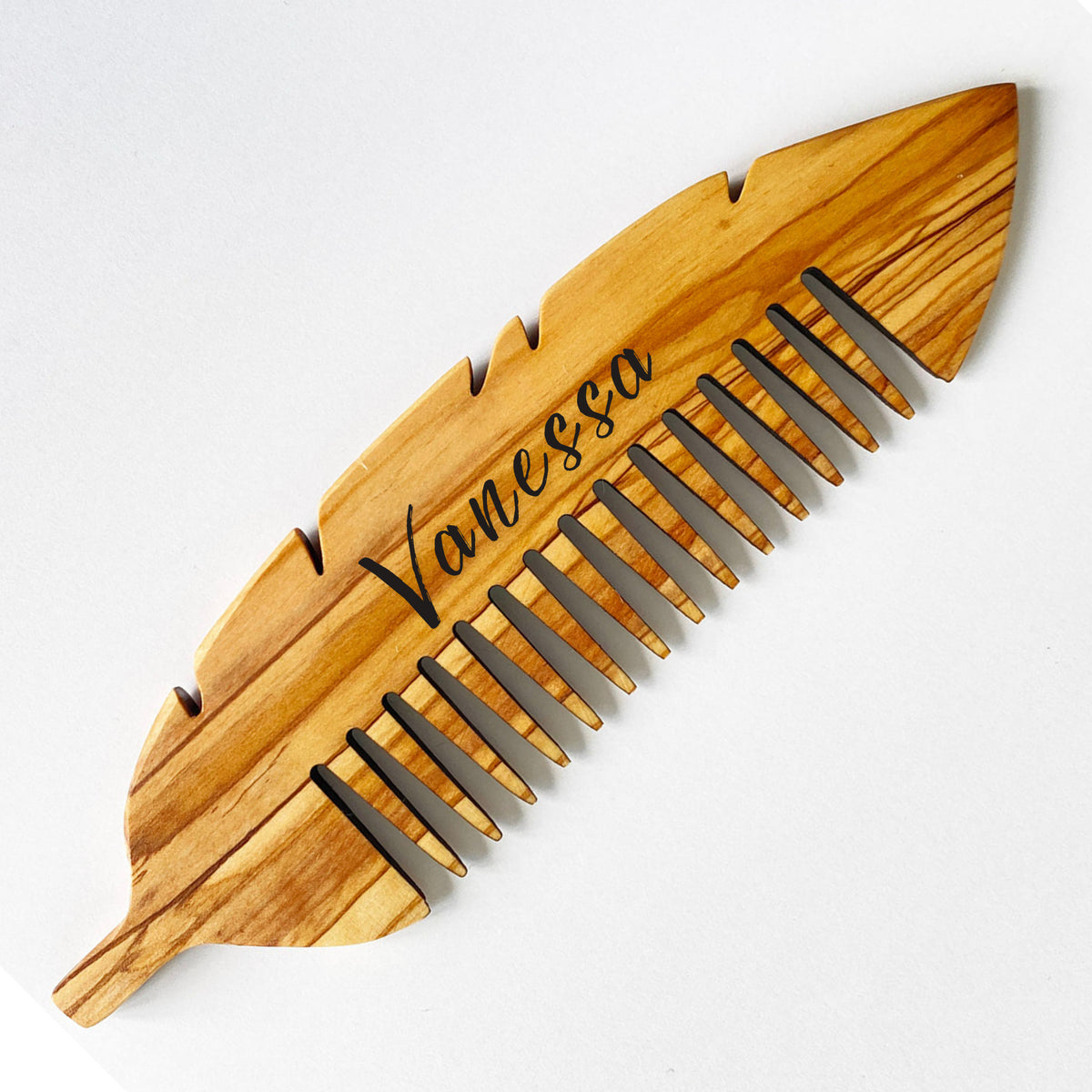 Personalized Olive Wood Hair Comb, Handmade Leaf Design