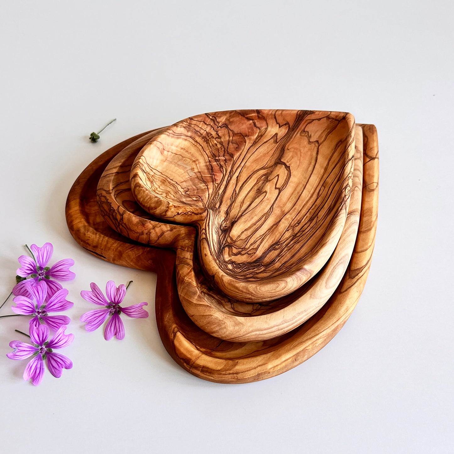 Personalized Olive Wood Heart-Shaped Plate Set of 3 - Rustic Decorative Serving Platters | Various Sizes Available