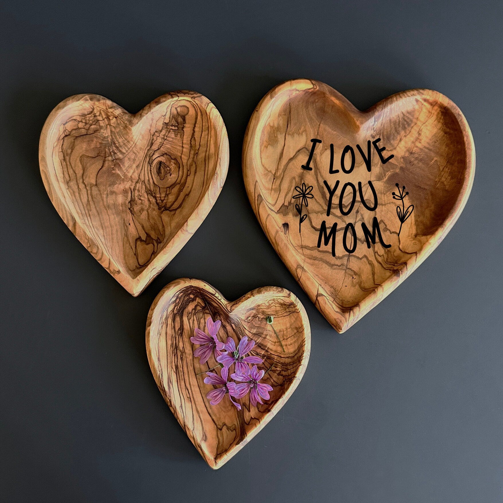 Personalized Olive Wood Heart-Shaped Plate Set of 3 - Rustic Decorative Serving Platters | Various Sizes Available