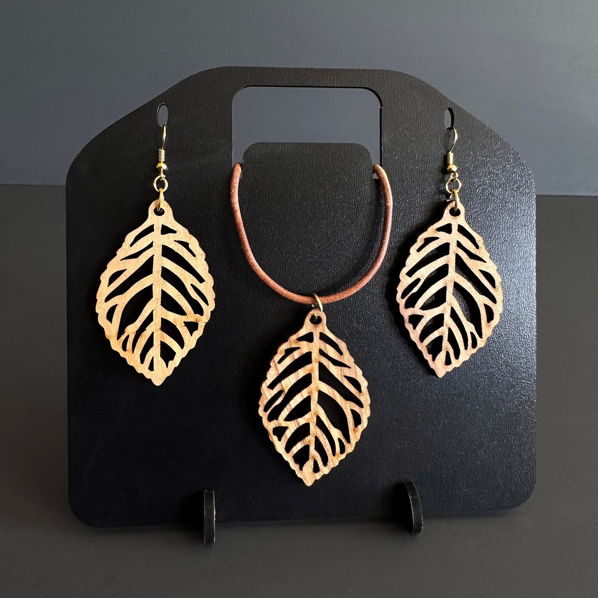 Handcrafted Leaf Pattern Olive Wood Necklace - Genuine Calfskin Cord - 17.7" & 23.6" Lengths with 2" Extension Chain