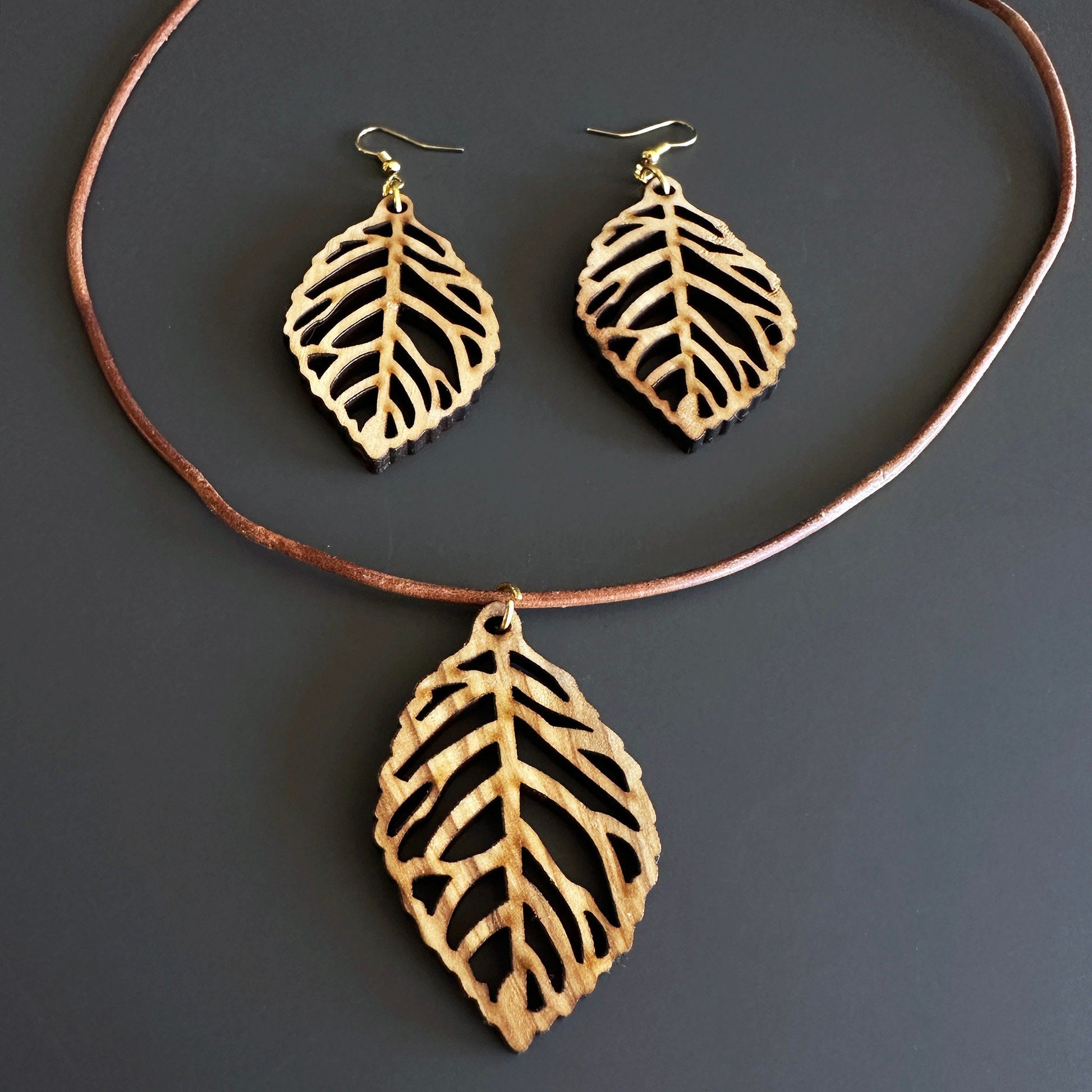 Handcrafted Leaf Pattern Olive Wood Necklace - Genuine Calfskin Cord - 17.7" & 23.6" Lengths with 2" Extension Chain