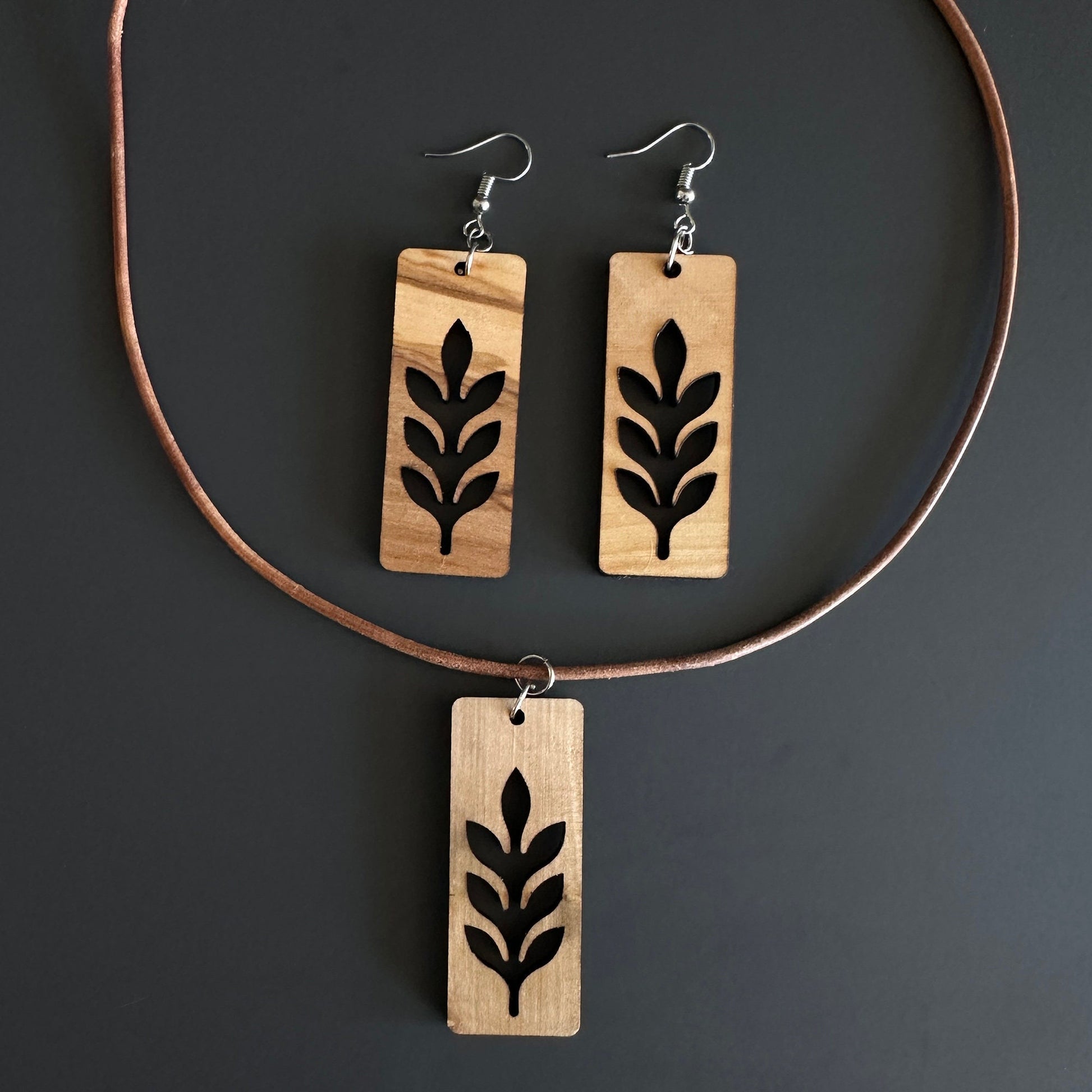 Handcrafted Leaf Pattern Olive Wood Necklace - Genuine Calfskin Cord - 17.7" & 23.6" Lengths with 2" Extension Chain