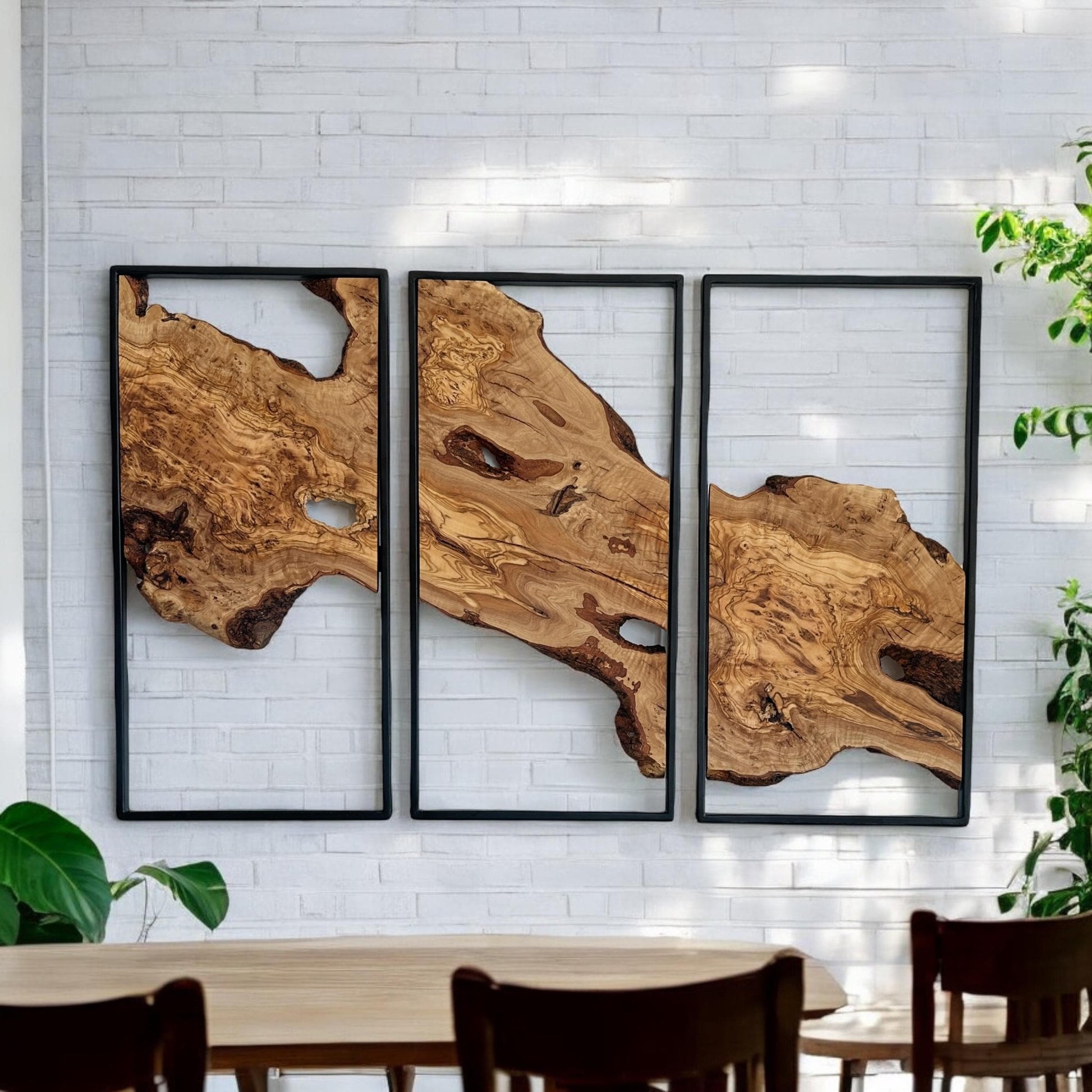 Modern Olive Wood Wall Decor Set - 3 Piece Wall Art With Metal Frame - Live Edge Wooden Wall Decor - Set Of 3 Metal and Olive Wood Wall Art