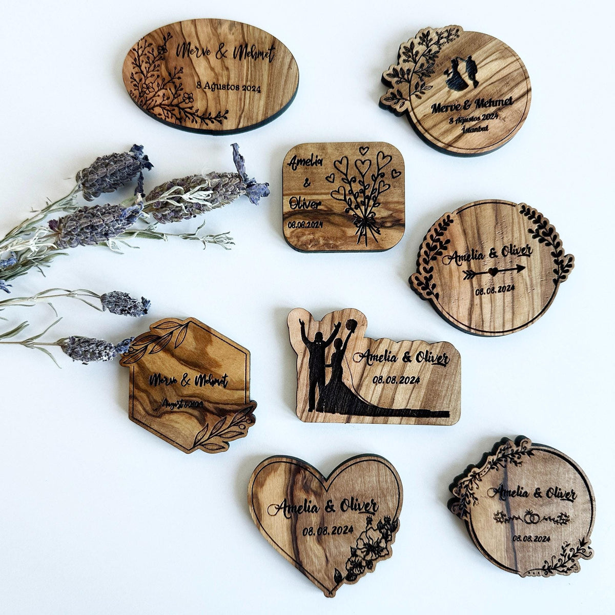 Personalized Olive Wood Wedding Magnet Favors, Bulk Engraved Keepsakes