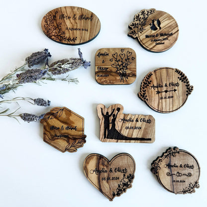 Personalized Olive Wood Wedding Magnet Favors, Bulk Engraved Keepsakes