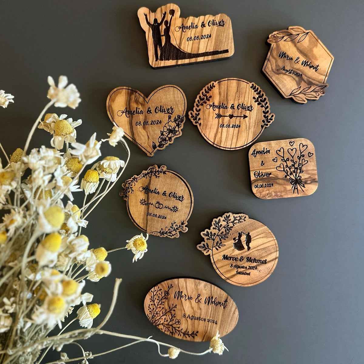 Personalized Olive Wood Wedding Magnet Favors, Bulk Engraved Keepsakes