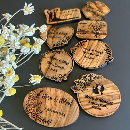 Personalized Olive Wood Wedding Magnet Favors, Bulk Engraved Keepsakes