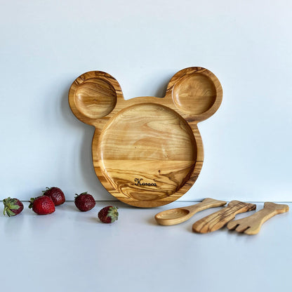 Personalized Olive Wood Baby Dining Set | Mouse Plate & Utensils