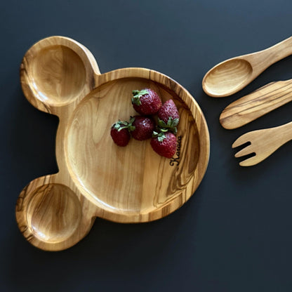 Personalized Olive Wood Baby Dining Set | Mouse Plate & Utensils