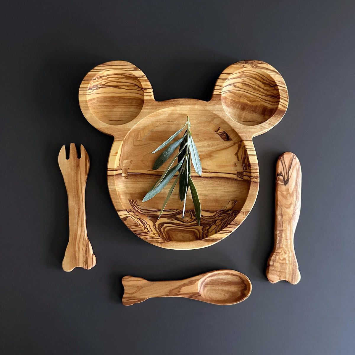 Personalized Olive Wood Baby Dining Set | Mouse Plate & Utensils