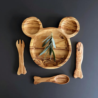 Personalized Olive Wood Baby Dining Set | Mouse Plate & Utensils