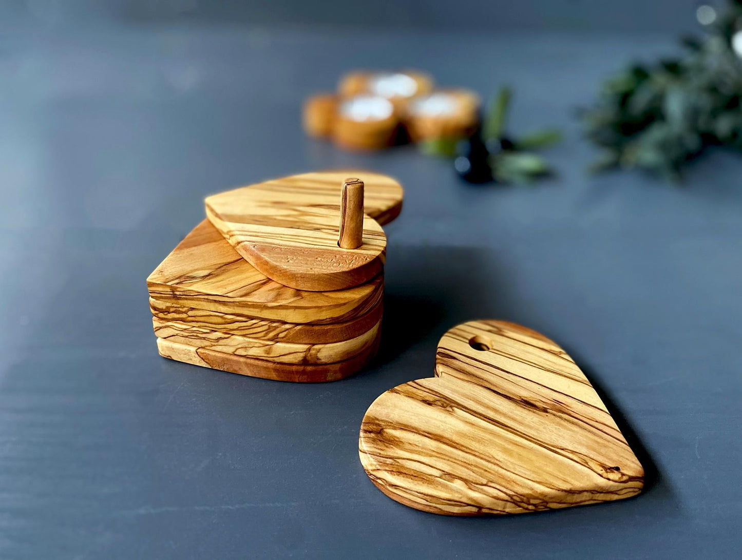 Olive Wood Heart Shape Coaster Set, Olive Wood Coasters