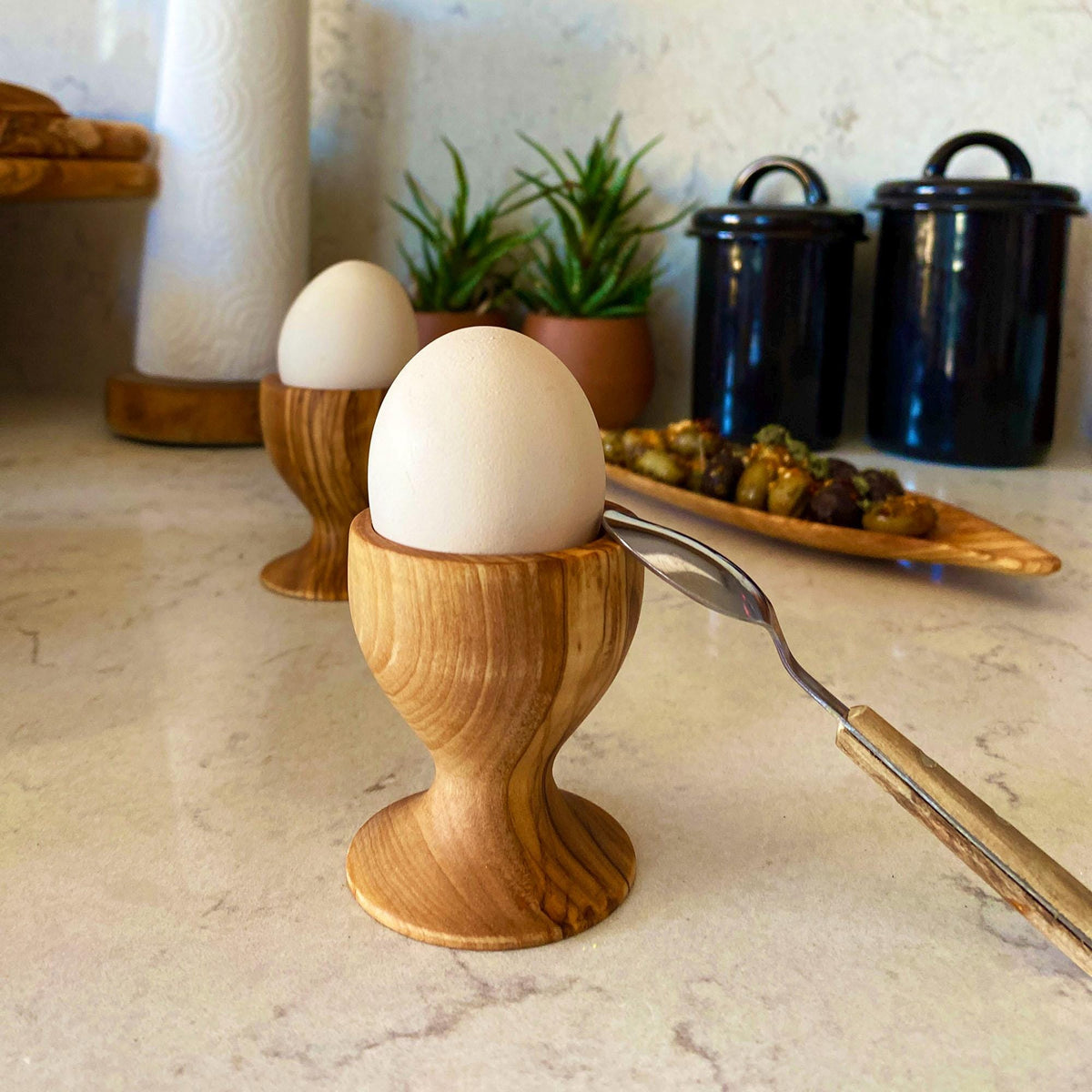 Handmade Olive Wood Egg Holder, Natural Grain, Set of 2