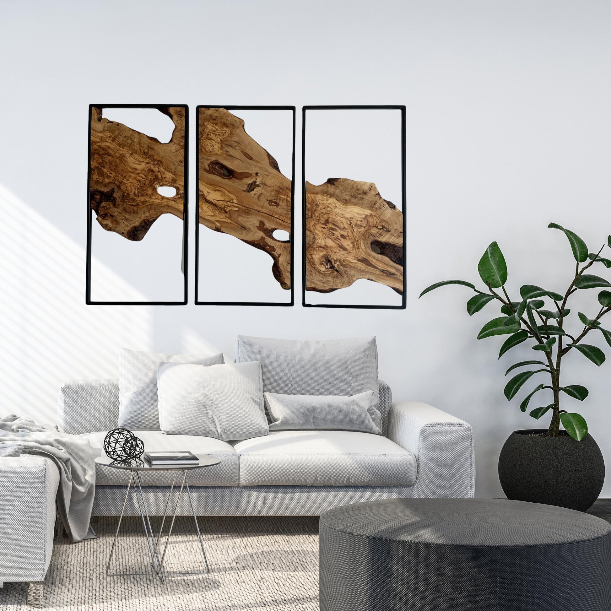 Modern Olive Wood Wall Decor Set - 3 Piece Wall Art With Metal Frame - Live Edge Wooden Wall Decor - Set Of 3 Metal and Olive Wood Wall Art