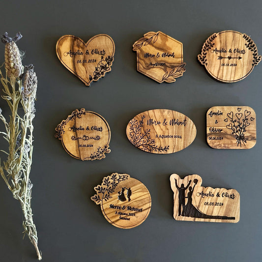 Personalized Olive Wood Wedding Magnet Favors, Bulk Engraved Keepsakes