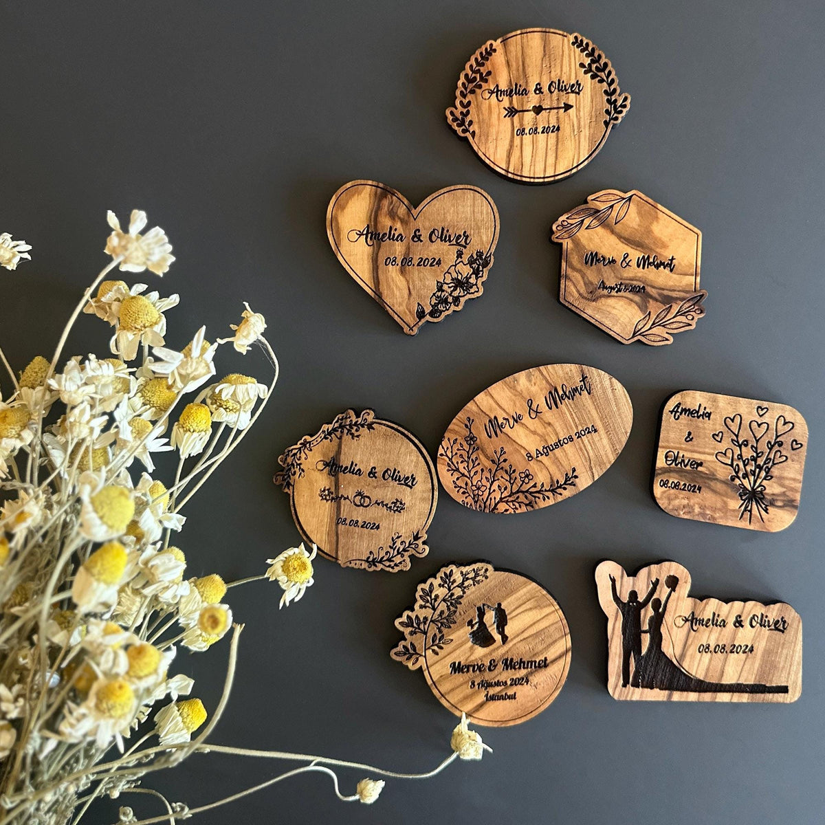 Personalized Olive Wood Wedding Magnet Favors, Bulk Engraved Keepsakes