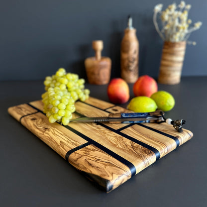 Handmade Olive Wood Charcuterie Board | Blue Epoxy, Brick Pattern