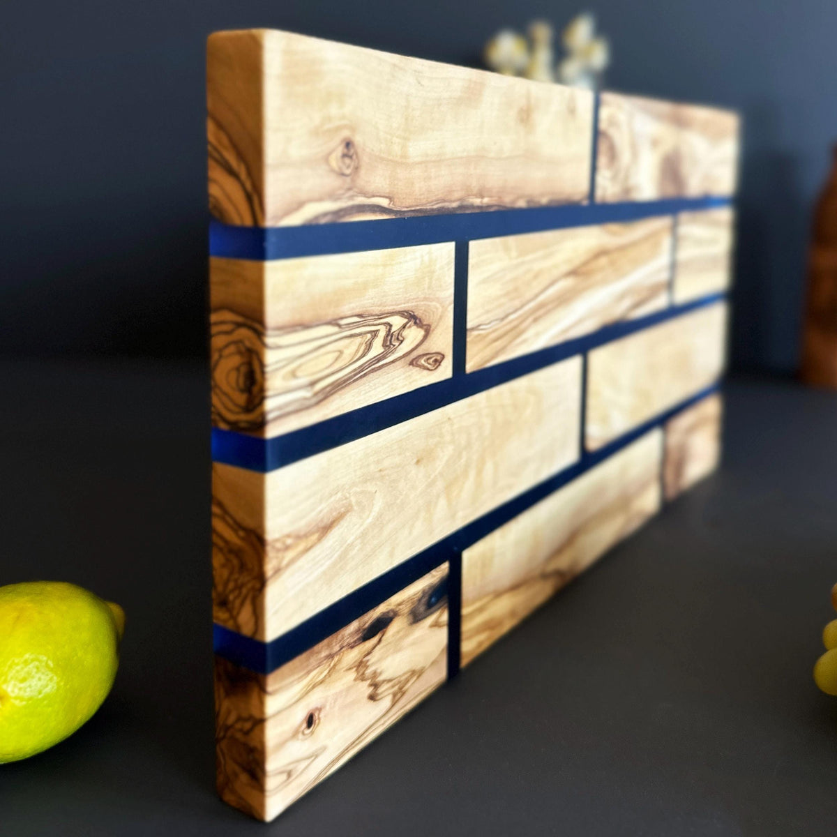 Handmade Olive Wood Charcuterie Board | Blue Epoxy, Brick Pattern