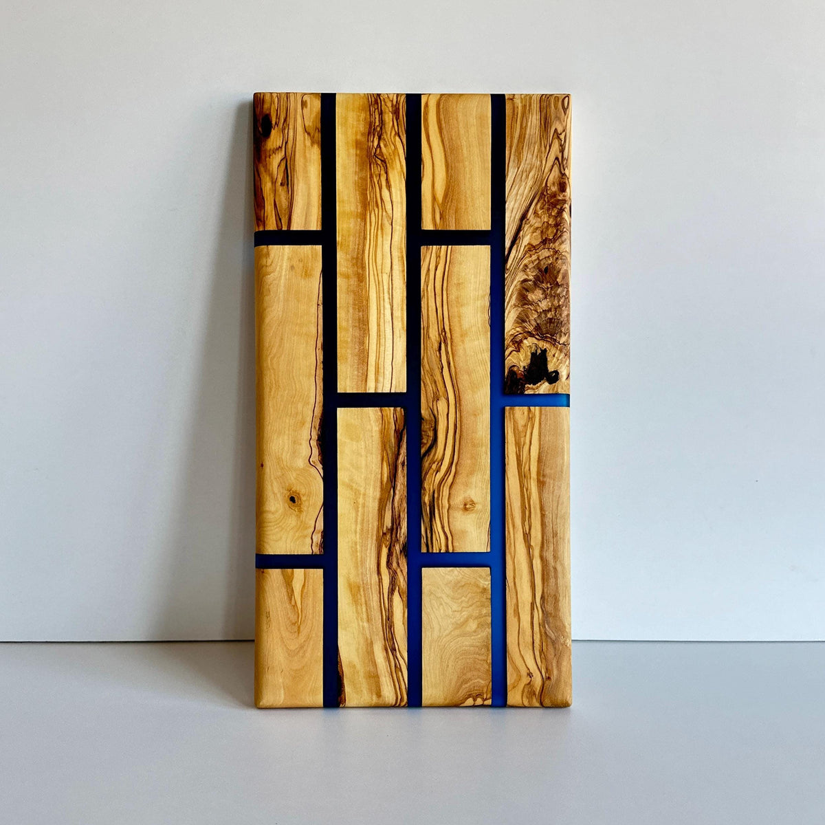 Handmade Olive Wood Charcuterie Board | Blue Epoxy, Brick Pattern