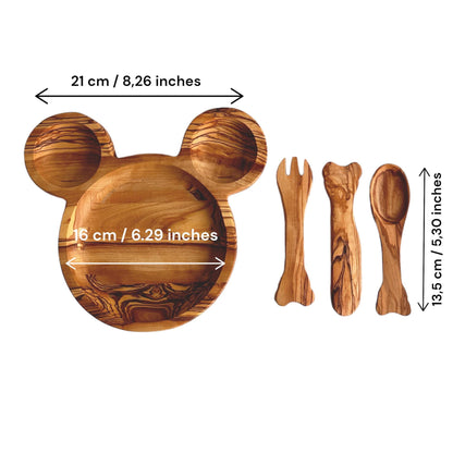 Personalized Olive Wood Baby Dining Set | Mouse Plate & Utensils