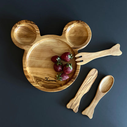 Personalized Olive Wood Baby Dining Set | Mouse Plate & Utensils