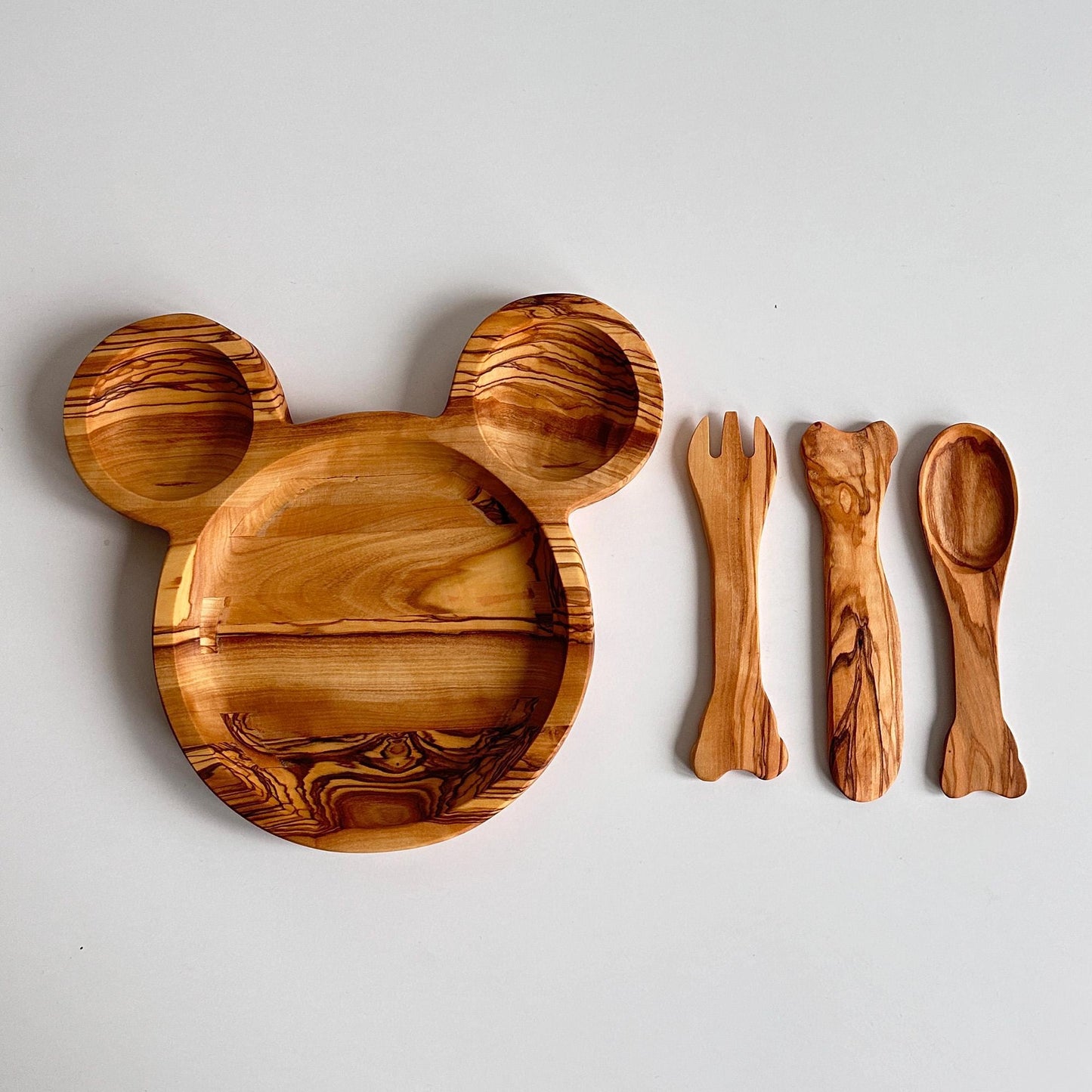 Olive Wood Personalized Baby Dining Set | Customizable Kids' Set | Baby's First Self Feeding Set | Mouse Shaped Baby Plate | Gift For Kids