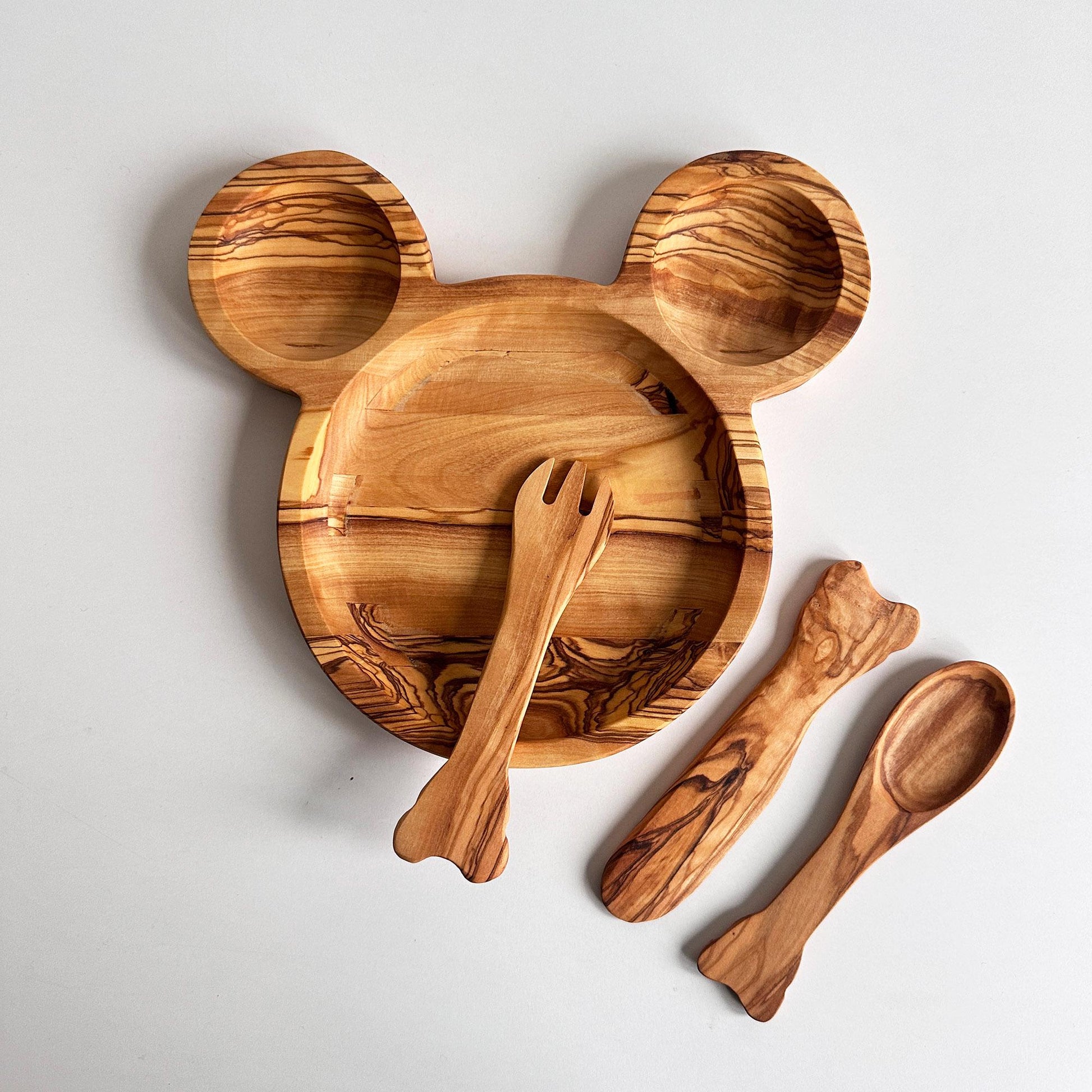 Olive Wood Personalized Baby Dining Set | Customizable Kids' Set | Baby's First Self Feeding Set | Mouse Shaped Baby Plate | Gift For Kids