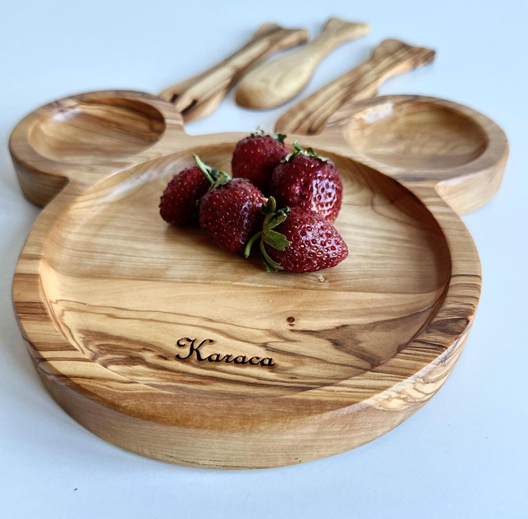 Olive Wood Personalized Baby Dining Set | Customizable Kids' Set | Baby's First Self Feeding Set | Mouse Shaped Baby Plate | Gift For Kids