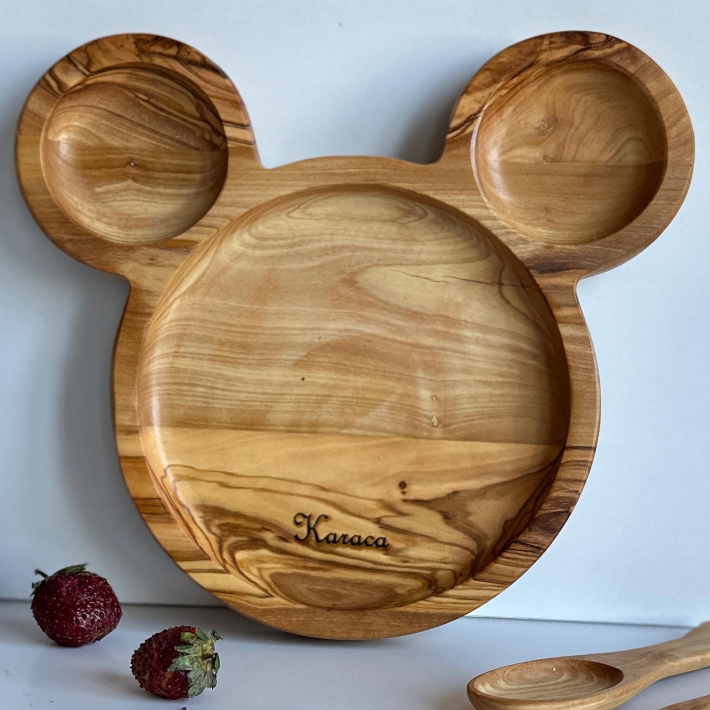 Olive Wood Personalized Baby Dining Set | Customizable Kids' Set | Baby's First Self Feeding Set | Mouse Shaped Baby Plate | Gift For Kids