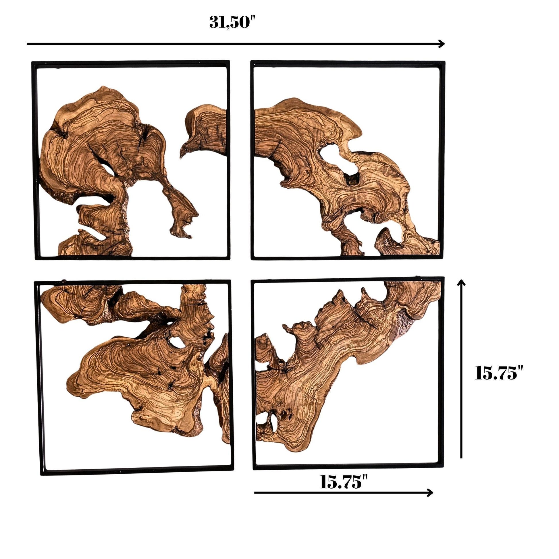 Handcrafted Olive Wood Wall Decor Set – 4-Piece Square Design with Black Metal Frames (15.75" x 15.75" Each) Live Edge Wood Wall Decor Set