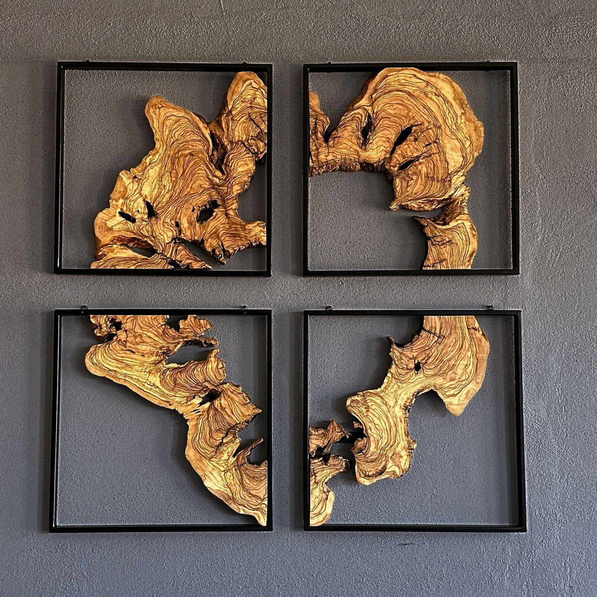 Handcrafted Olive Wood Wall Decor Set – Live Edge Wood, Black Metal Frames