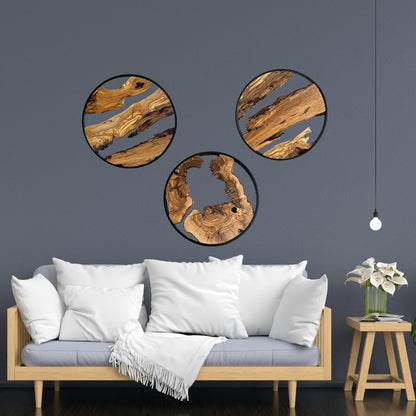 Live Edge Olive Wood Wall Decor | Round Metal Frame, 18 inch