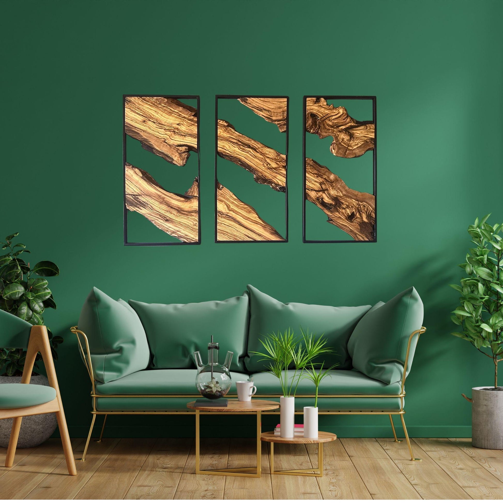 Modern Olive Wood Wall Decor Set - 3 Piece Wall Art With Metal Frame - Live Edge Wooden Wall Decor - Set Of 3 Metal and Olive Wood Wall Art