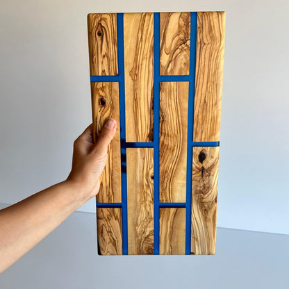 Handmade Olive Wood Charcuterie Board | Blue Epoxy, Brick Pattern