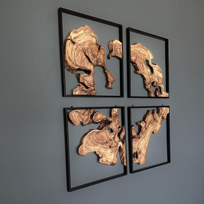 Handcrafted Olive Wood Wall Decor Set – Live Edge Wood, Black Metal Frames