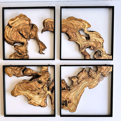 Handcrafted Olive Wood Wall Decor Set – Live Edge Wood, Black Metal Frames