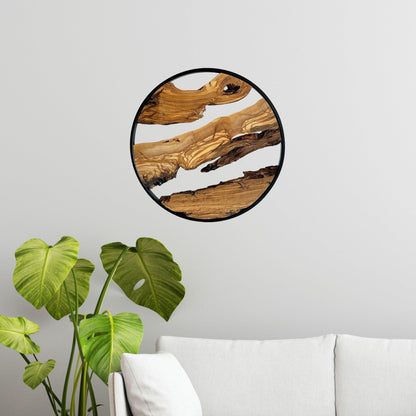 Live Edge Olive Wood Wall Decor | Round Metal Frame, 18 inch