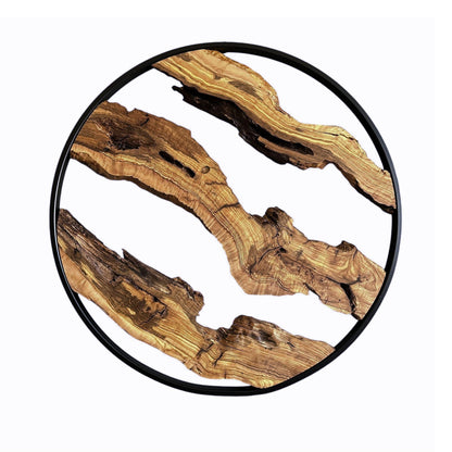 Rustic Olive Wood Wall Art – Metal Frame, Live Edge Decor (22 inches)