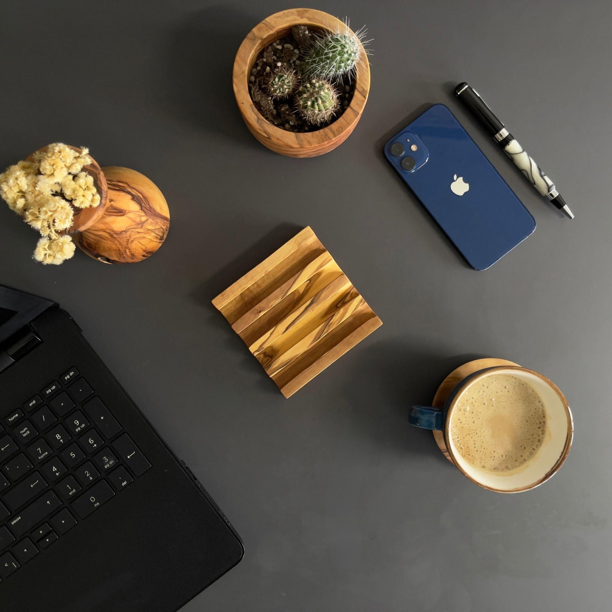 Handmade Olive Wood Desktop Organizers - Office Desk Supplies - Wooden Desk Accessories, Pen-Paperclip-Note-Business Card Holder, Phone-Tablet Stand