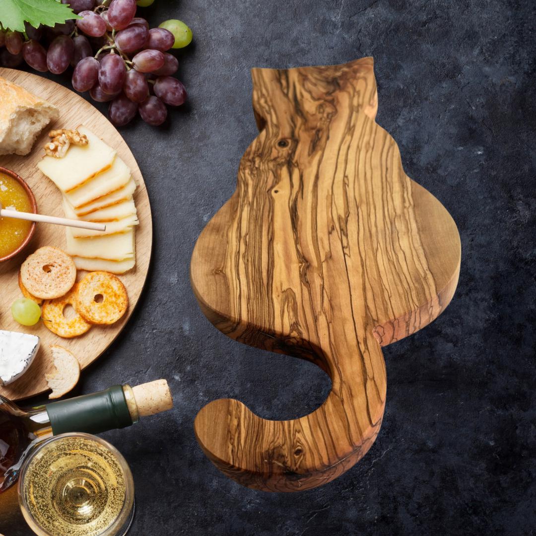Personalized Cat Shaped Olive Wood Cheese Board | Gift For Cat Lovers