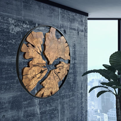 Rustic Olive Wood Wall Art – Metal Frame, Live Edge Decor (22 inches)