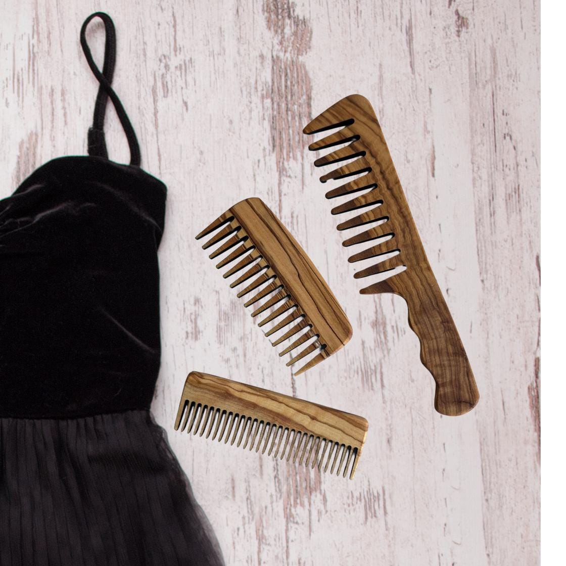 Personalized Olive Wood 3-Piece Comb Set | Handled and Pocket-Sized Combs for Men and Women |