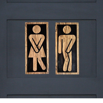 Handmade Olive Wood Restroom Sign | Laser Cut WC Door Plate