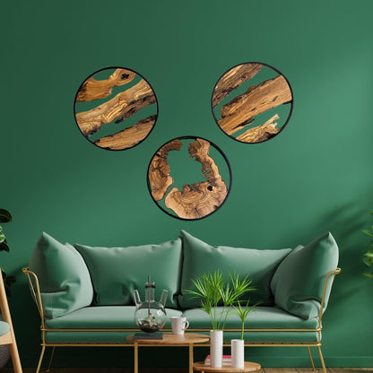 Live Edge Olive Wood Wall Decor | Round Metal Frame, 18 inch