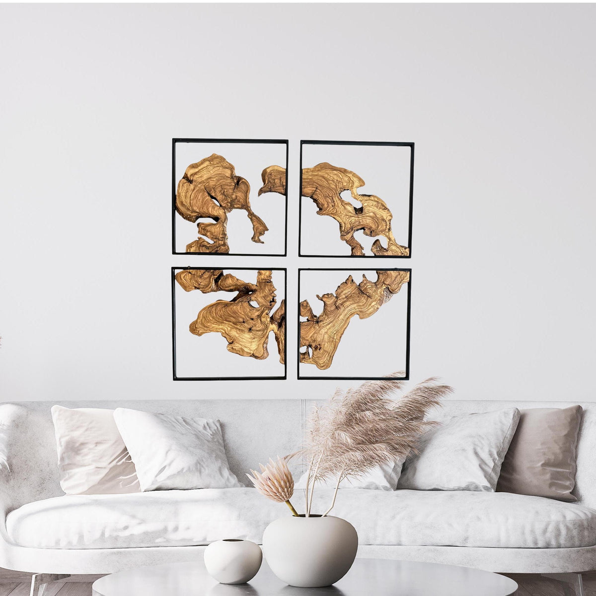 Handcrafted Olive Wood Wall Decor Set – Live Edge Wood, Black Metal Frames