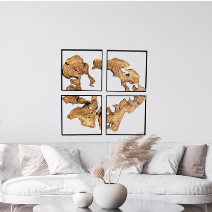Handcrafted Olive Wood Wall Decor Set – Live Edge Wood, Black Metal Frames