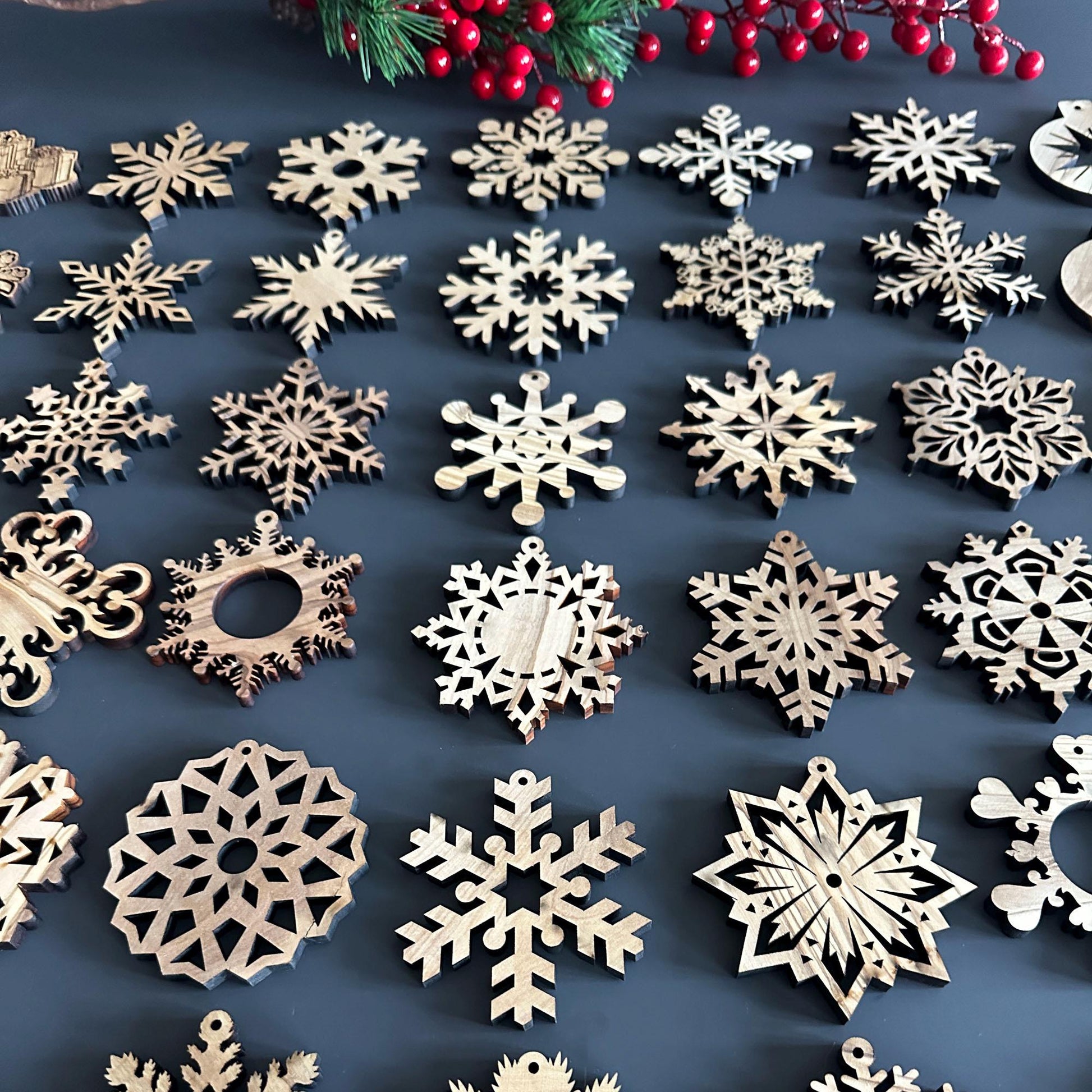 Unique Olive Wood Christmas Ornaments | 30 Snowflake Designs for Holiday Decoration | Wood Christmas Ornaments | Olive Wood Christmas Favors